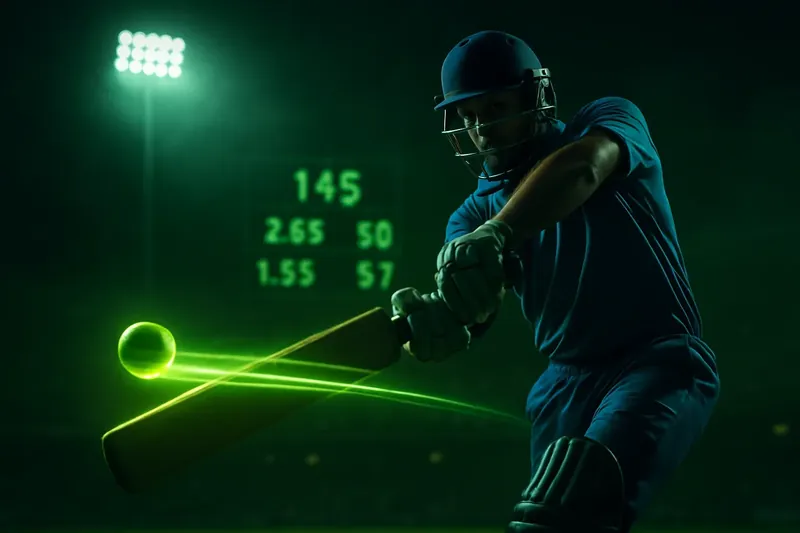 Cricket Power Shot Batsman in blue jersey hits powerful shot with neon trail
