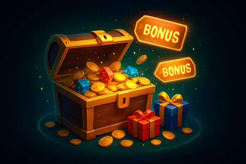 Golden treasure chest bursting with coins, gems, and glowing bonus tags