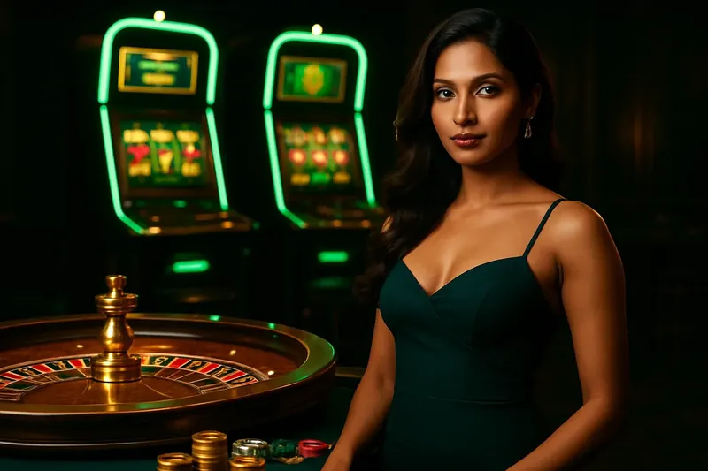 Luxury Casino Banner Confident woman in evening dress near roulette and slot machines