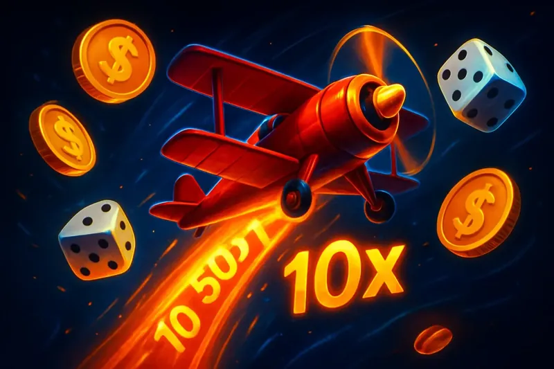 Aviator Crash Game Scene Red airplane soaring with glowing multiplier trail, coins and dice floating