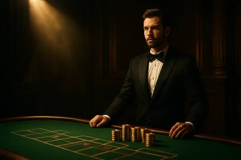 Professional dealer behind green felt table with golden chips under spotlight