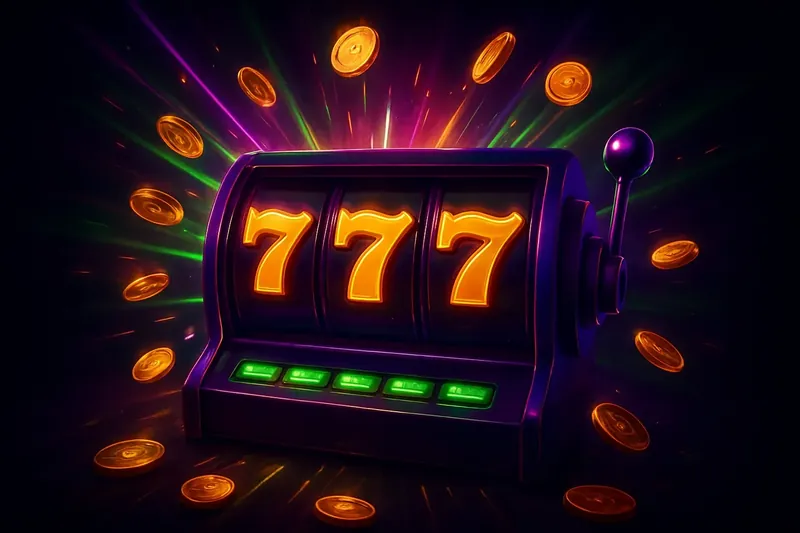 Slot machine jackpot with golden 777 symbols, coins, and neon light beams